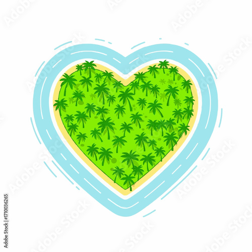Whimsical heart-shaped tropical island illustration, featuring lush green palm trees nestled within a serene blue ocean, symbolizing love, nature, and an idyllic paradise getaway for dreaming