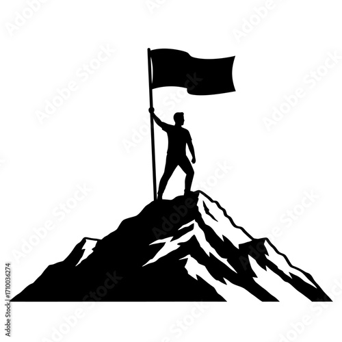 Silhouette of a triumphant person standing on a mountain peak holding a flag aloft
