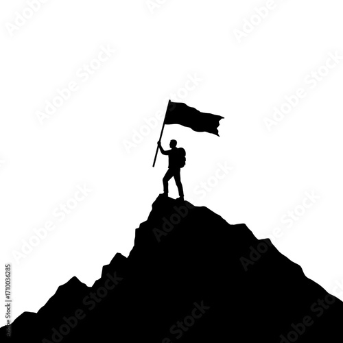 Silhouette of a triumphant hiker holding a flag aloft on a mountain summit against a bright sky