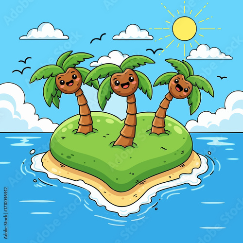 Heart-shaped tropical island with happy palm trees cartoon. A whimsical illustration of a summer paradise under a bright sun and blue sky