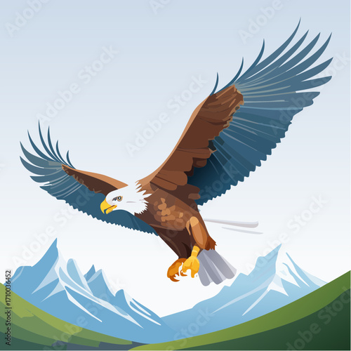 3D Adler, fliegend über Berglandschaft, ausgebreitete Flügel, fotorealistisch, kraftvoll