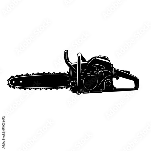 Detailed black silhouette of a powerful gasoline powered chainsaw on a clean white background