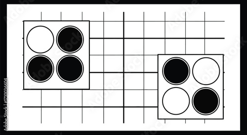 Strategic game with contrasting black and white pieces on a grid, representing competition and planning.