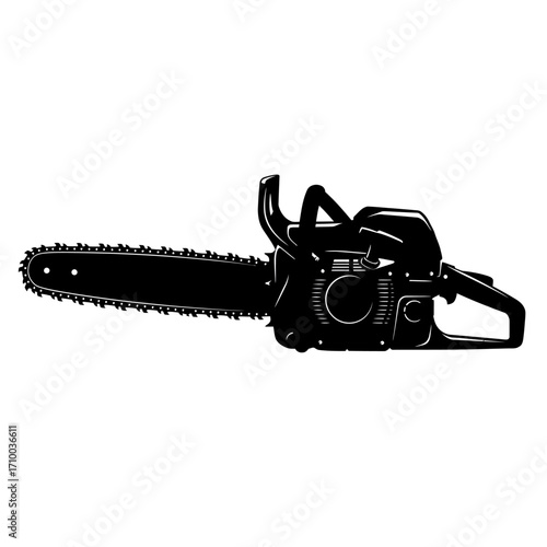 Silhouette of a powerful gasoline chainsaw with a long cutting bar and chain on a white background