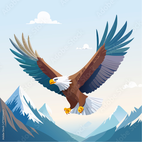 3D Adler, fliegend über Berglandschaft, ausgebreitete Flügel, fotorealistisch, kraftvoll