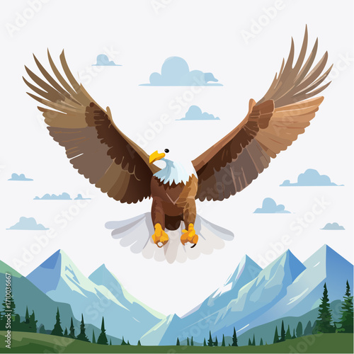 3D Adler, fliegend über Berglandschaft, ausgebreitete Flügel, fotorealistisch, kraftvoll