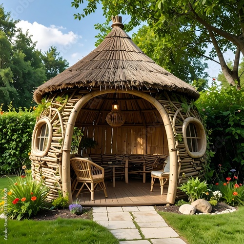 Charming thatched gazebo nestled in a garden
