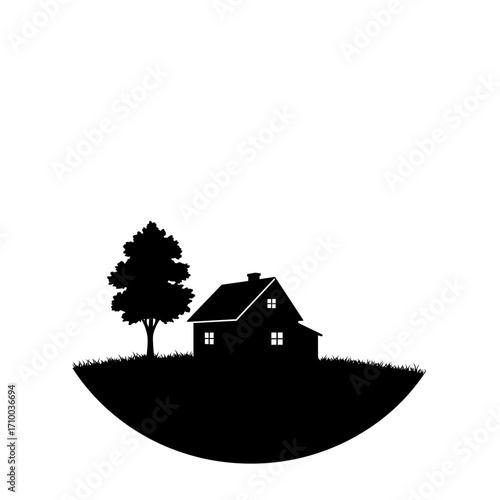 Silhouette of a cozy house and a tall tree on a grassy hill under a white sky
