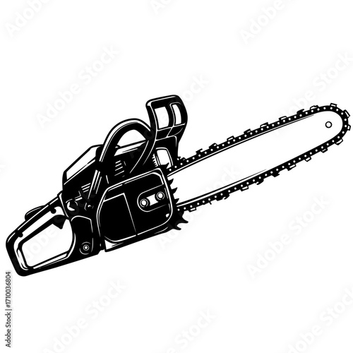Detailed black and white illustration of a powerful gasoline chainsaw with a sharp chain and cutting bar