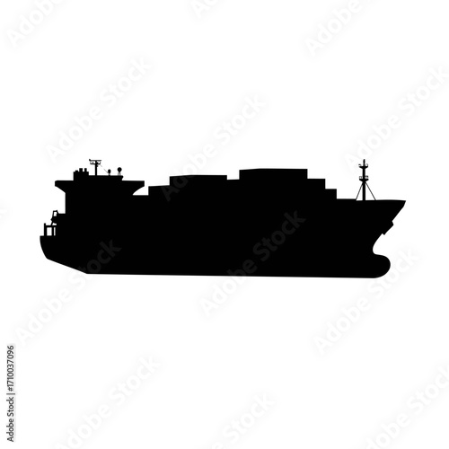 Black silhouette of a large cargo ship loaded with containers sailing on the ocean