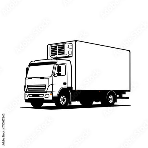 Black and white illustration of a refrigerated truck with a large cargo box on a white background
