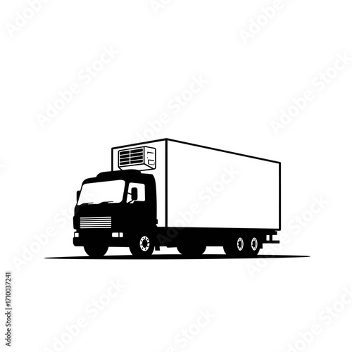 Black and white illustration of a refrigerated box truck on a white background representing logistics and delivery services