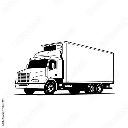 Detailed line art illustration of a modern box truck with trailer on a white background