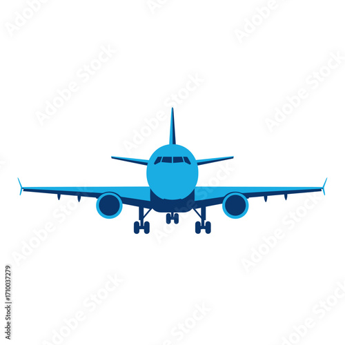 Front view of a modern blue passenger airplane with landing gear deployed against a clean white background