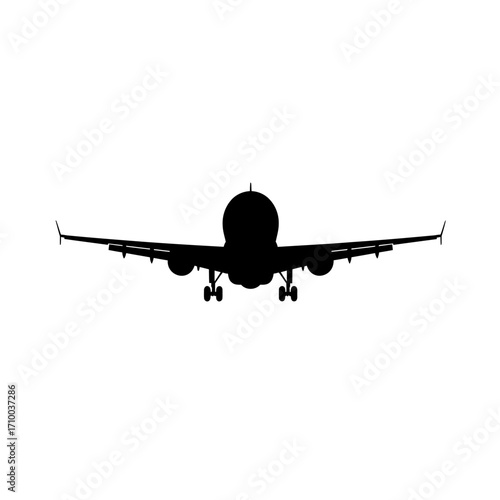 Silhouette of a commercial passenger airplane in flight viewed from the front against a white background