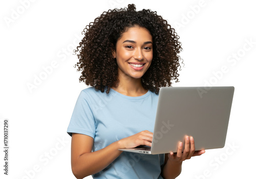 Smiling young woman with afro hair using a laptop computer for work or study transparent background
