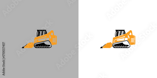 Illustration of a bulldozer on gray and white backgrounds.