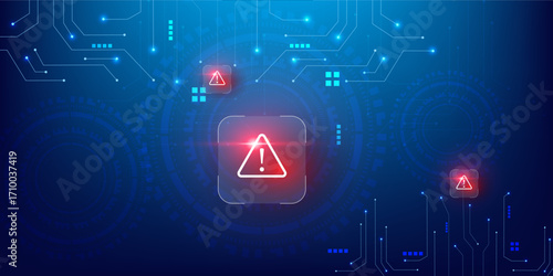 Scam Protection Digital Concept with Red Danger Alert on Blue Abstract Technology Design