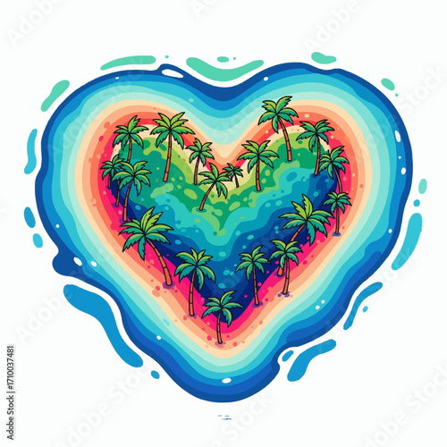 Vibrant heart-shaped tropical island paradise adorned with lush palm trees, surrounded by colorful waves, symbolizing a blissful and dreamy getaway