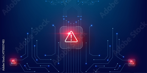 Scam Protection Digital Concept with Red Danger Alert on Blue Abstract Technology Design