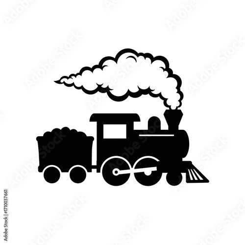 Silhouette of a classic steam locomotive pulling a coal tender emitting a large plume of smoke