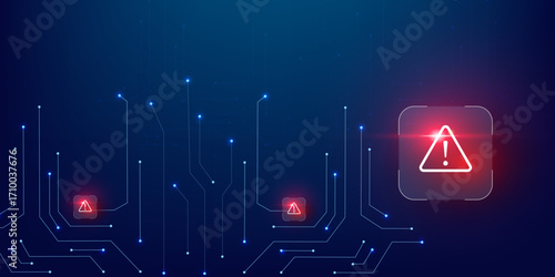 Scam Protection Digital Concept with Red Danger Alert on Blue Abstract Technology Design