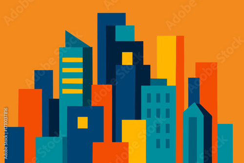 A modern, abstract city skyline with geometric buildings in bold colors like teal, orange, and yellow