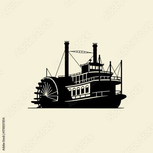 Vintage silhouette of a classic paddlewheel steamboat traveling on calm water