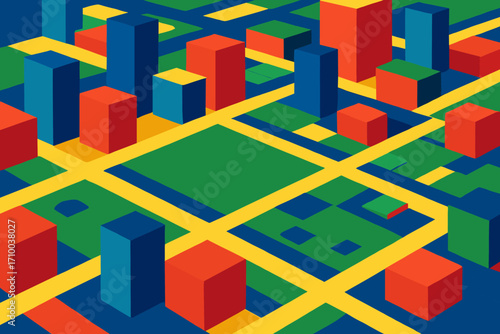 A vibrant, abstract city grid design featuring colorful blocks representing buildings and roads in shades of red, blue, green, and yellow