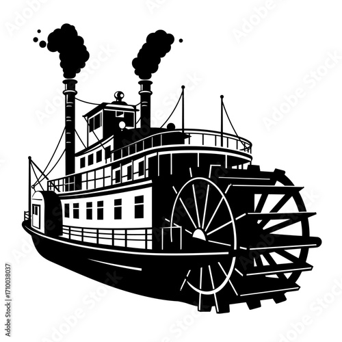 Vintage black and white illustration of a classic paddle steamboat with smoke puffs