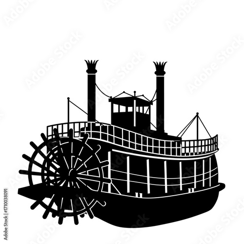 Vintage silhouette of a classic paddlewheel steamboat with two smokestacks on a white background