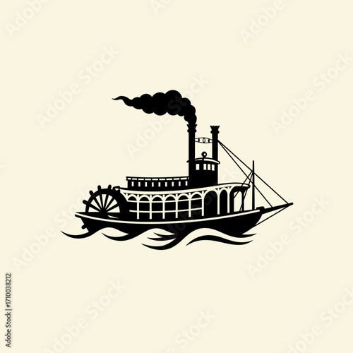 Vintage silhouette of a steamboat with smoke billowing from its stack on calm water