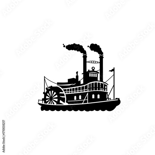 Vintage black and white silhouette of a steamboat with paddle wheel and smoke stacks