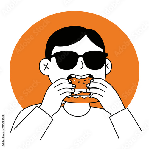 Cool person wearing sunglasses enjoying a delicious burger against a vibrant orange circle background