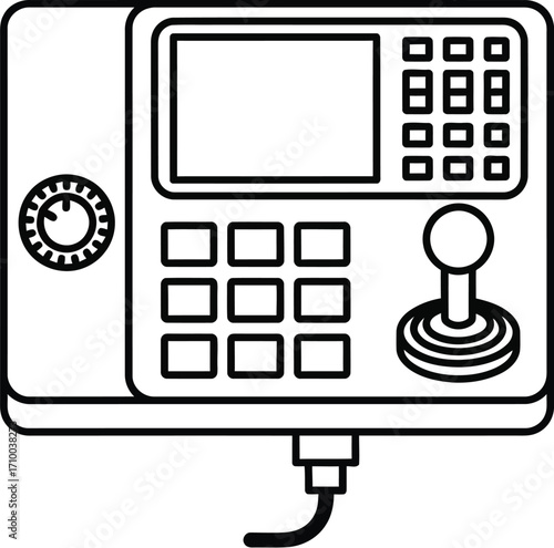 Close-up of a vintage electronic control panel with joystick and buttons