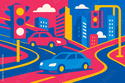 A colorful, stylized urban scene with vibrant buildings, roads, and traffic lights in bold hues of pink, blue, yellow, and white