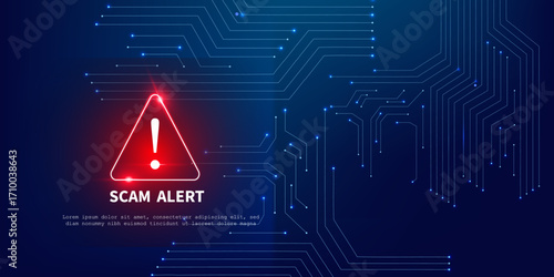 Blue Abstract Tech Circuit Design with Red Alert Icon for Cyber Fraud Warning