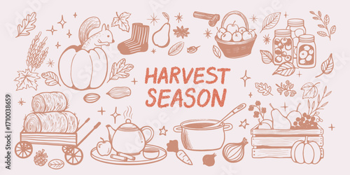 A Vibrant and Artistic Representation of Harvest Season, Celebrating Nature's Bounty with Illustrations of Produce, Squirrels, and Autumnal Decor