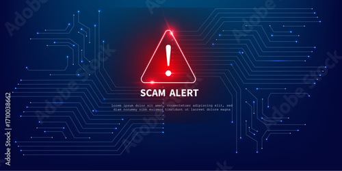 Blue Abstract Tech Circuit Design with Red Alert Icon for Cyber Fraud Warning