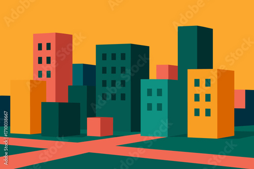 A modern, abstract cityscape with colorful geometric buildings in shades of green, orange, and red, set against a warm yellow background