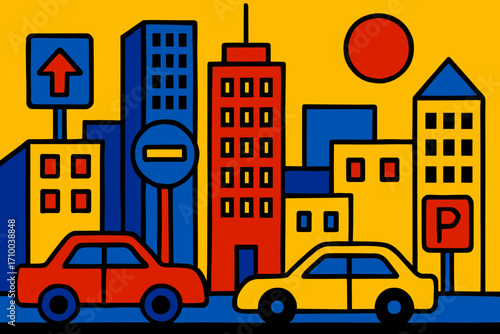 A vibrant, pop-art-inspired city scene with bold primary colors, featuring geometric buildings, traffic signs, and cars