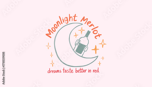 A Whimsical Illustration of a Moonlit Scene Featuring a Wine Bottle, Evoking the Essence of Dreamy Evenings and the Allure of Red Wine.