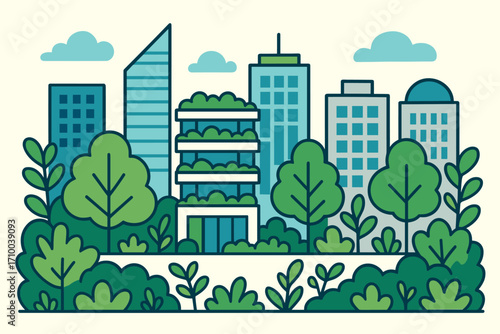 A charming, minimalistic illustration of a modern cityscape with green spaces, featuring tall buildings with greenery, trees, and plants scattered around