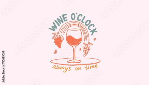 A Fun and Playful Illustration Celebrating the Joy of Wine O'Clock with Grapes and a Wine Glass on a Soft Pink Background