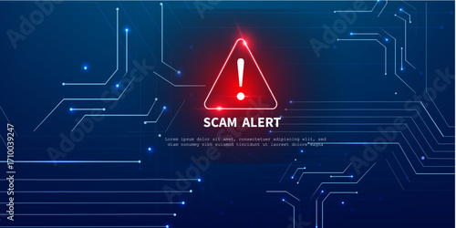 Cyber Danger Alert with Red Security Icon on Blue Technology Background