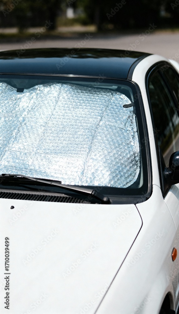 Obraz premium Close-up of a white car with a sunshade on the windshield. 