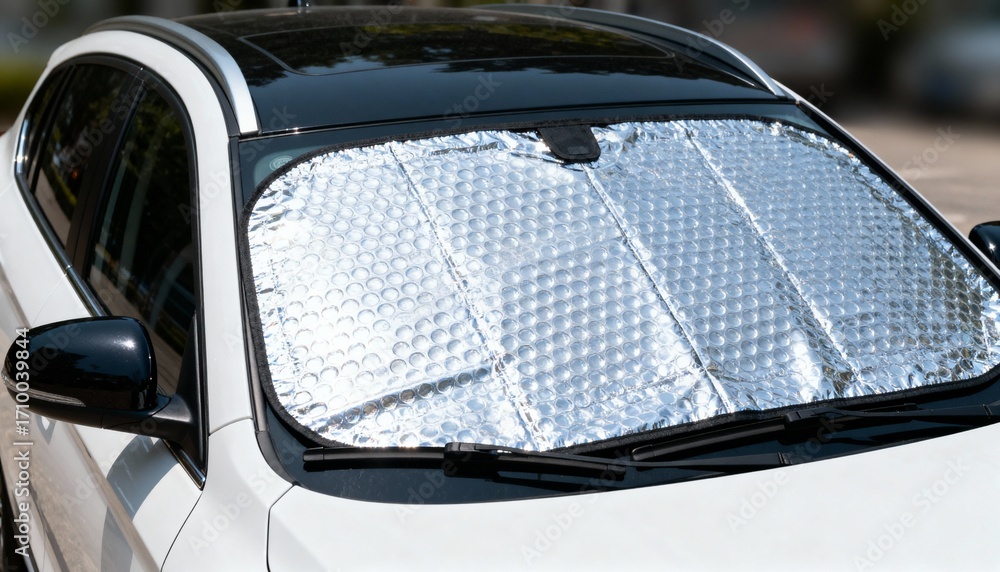 Obraz premium Close-up of a white car with a sunshade on the windshield. 