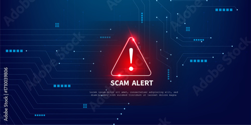 Blue Abstract Tech Circuit Design with Red Alert Icon for Cyber Fraud Warning