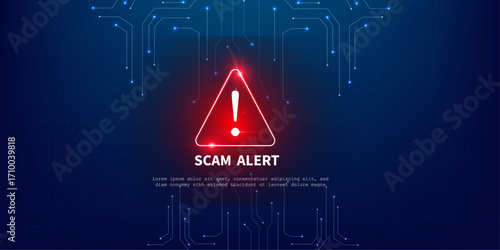 Blue Abstract Tech Circuit Design with Red Alert Icon for Cyber Fraud Warning