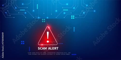 Cyber Security Scam Alert with Blue Tech Circuit Board and Red Danger Symbol